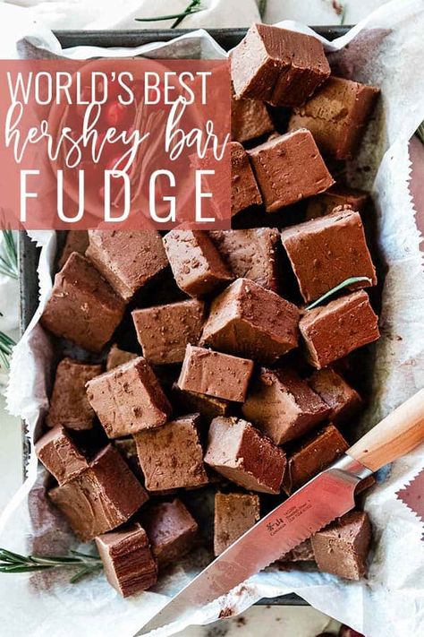 This homemade Hershey's fudge recipe is a holiday favorite. Rich sugar, butter and milk and combined with marshmallow creme, semi-sweet chocolate, and Hershey's bar for a smooth decadent dessert. This old fashioned fudge recipe comes together like a dream, and is the ultimate crowd pleaser. || Oh So Delicioso Hershey Bar Fudge Recipe, Hershey Bar Fudge, Old Fashion Fudge Recipes Homemade, Hershey Chocolate Bar Recipes, Old Fashion Fudge Homemade, Hershey Chocolate Fudge Recipe, Hershey Fudge Recipe, Recipes Using Marshmallows, Old Fashion Fudge Recipes