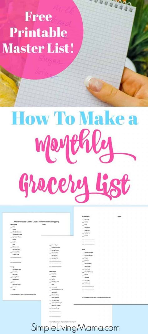 Learn how to make a monthly grocery list so you can go grocery shopping once a month on a budget. Included is a free printable master monthly grocery list! Monthly Shopping List, Monthly Grocery List, Basic Grocery List, Monthly Shopping, Groceries Budget, Master Grocery List, Vegetables For Babies, Grocery Shopping List, List Making