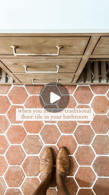 Becky George | House + Home on Instagram: "WHY I CHOSE TERRACOTTA for my bathroom flooring:

✨we used pure 6x6 terracotta hex tiles and put a clear sealant on top for protection—this selection was a huge risk—most people use it for outdoor spaces, but in my mind, why not for a bathroom?! I’m so glad I chose it because it’s unique for this space and people always ask us about it!

✨I knew I wanted something different, long lasting and timeless. terracotta tiles are unique, beautiful (with natural color striations), durable, and super easy to maintain (with a proper seal to protect from any staining). 

we are over a year since install, and NO REGRETS!! would you try this?! happy to answer any questions you might have!

#bathroomdesign #bathroomtile #terracotta #homedecor #homeinspo #lovewhe Brown Bathroom Floor, Bathrooms With Terracotta Floors, Terracota Floor Bathroom, Terra Cotta Bathroom Floor, Powder Room Terra Cotta Floor, Hexagon Terracotta Tile Floor Bathroom, Hex Terracotta Floor, Terracotta Tile Bathroom, Terracotta Bathroom Floor