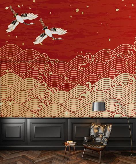 Chinese Restaurant Interior Design, Sushi Bar Design, Japanese Restaurant Interior, Japanese Wall Decor, Wave Drawing, Restaurant Themes, Wallpaper Home Decor, Japanese Decor, Flat Paint