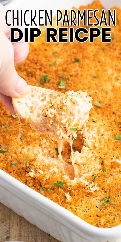 Chicken Parmesan Dip turns the Italian flavors you love into a cheesy dip that's to die for! It's a great addition to any get-together! #BreadBoozeBacon #chickenparmesan #chicken #dip #mozzarella #creamcheese #parmesan #pastasauce #breadcrumbs #appetizer #gameday #partyfood #superbowl #potluck Easy Chicken Dips, Chicken Parmesan Dip, Cream Cheese Chicken Dip, Appetizer Dips Hot, Chicken Cheese Dip, Crockpot Chicken Parmesan, Parmesan Dip, Italian Chicken Crockpot, Appetizers Easy Dips