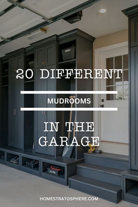 A sleek garage mudroom featuring dark cabinets with integrated storage and a built-in bench for easy organization. Garage Mudroom Ideas, Garage Lockers, Mudroom Ideas Diy, Garage Laundry Rooms, Mud Room Garage, Mudroom Cubbies, Functional Mudroom, Garage Closet, Garage Entryway