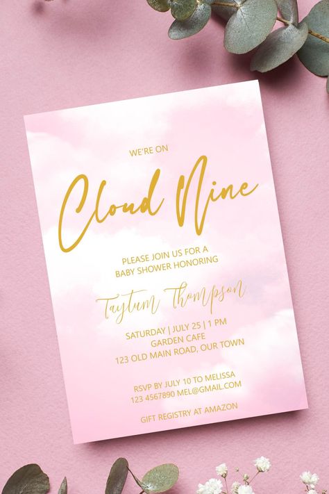 Cloud nine baby shower invitation template pink and gold on cloud nine invite instant download Cloud Nine Baby Shower Theme Girl, On Cloud 9 Baby Shower Theme Girl, Pink Cloud Baby Shower Theme, Cloud 9 Baby Shower Theme Girl, Cloud Baby Shower Theme Girl, Baby Bam, Cloud Baby Shower Theme, Pink And Gold Baby Shower, Baby Gender Reveal Party Decorations