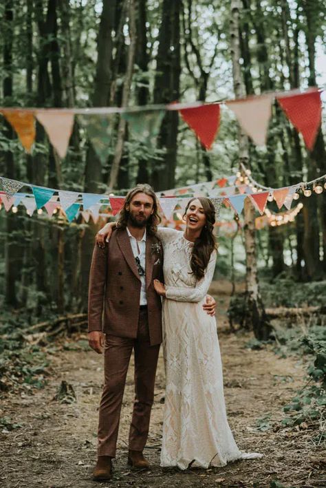 Outdoor Woodland Wedding at The Dreys in Kent with Grace Loves Lace Gown Woodland Wedding Mens Attire, Woodland Groom Attire, Brown Suit Boho Wedding, Corduroy Groom Suit, Boho Male Wedding Attire, Wedding Groom Outfit Casual, Mens Casual Wedding Suit, Boho Mens Wedding Suit, Bohemian Wedding Suits For Men