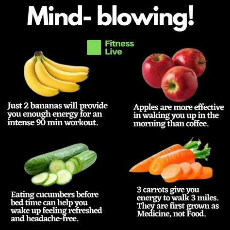 👉🏻 Just 2 bananas will provide you enough energy for an intense 90 min workout. 👉🏻 Apples are more effective in waking you up in the morning than coffee. 👉🏻 Eating cucumbers before bed time can help you wake up feeling refreshed and headache-free. 👉🏻 3 carrots gives energy to walk 3 miles. They are first grown as MEDICINE, not FOOD. Food facts // nutrition facts // fruit facts // healthy fruits #healthyfoods #fruits #fruitislife #healthyfruits #fruitnutrition Best Fruits To Eat In The Morning, Healthiest Fruits To Eat, Carrot Nutrition Facts, Fruit Facts, Fruit Nutrition, Bed Time, Healthy Fruits, Food Facts, Before Bed