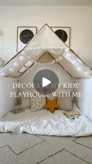 Sandra Bojchuk on Instagram: "The kids seriously love this thing. And the whole family can sit in it. Comment ” PLAY “ and I’ll send you links to everything💛💜💙💚❤️🧡🩷🤍🩵 Playhouse, playroom, fort, play tent, kids decor, reading nook, neutral style, neutral decor" Playroom Tent, Play Tents For Kids, Playhouse Playroom, Play Nook, Kids Nook, Small Playroom, Mom Things, Indoor Kids, Boho Kids