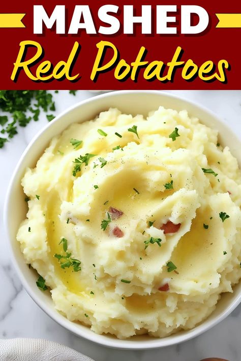 These mashed red potatoes are as good as it gets! Made with butter, milk, and sour cream, they're a dreamy side dish everyone will love. Mash Red Potato Recipes, Red Bliss Mashed Potatoes, Creamed Red Potatoes, What To Make With Red Potatoes, Baby Red Mashed Potatoes, Ranch Red Potatoes, Mashed Red Potatoes Recipe, Red Mashed Potatoes, Garlic Red Mashed Potatoes