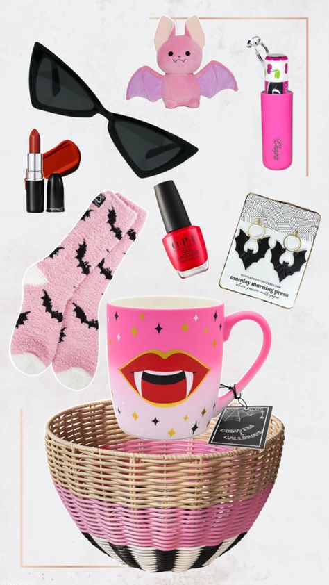 Pink black basket with vampire coffee mug, vampire bat plushy, red lipstick, red nail polish, coffee mug, bat earrings, bat themed cozy socks Basket For Friend, Vampire Halloween, Boo Basket, Halloween Themes, Pink Black, Black Pink, Black White, Black And White, Halloween