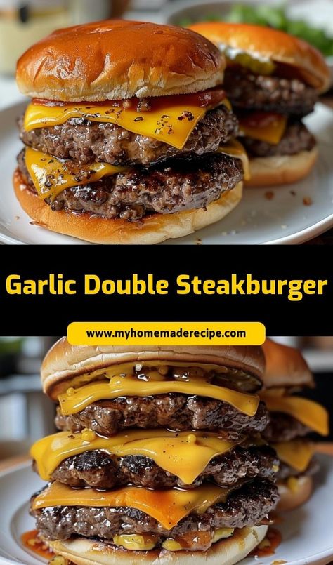 If you love burgers, you need to try the Steak and Shake Garlic Double Steakburger. These burgers have perfectly seasoned double patties, melted cheese, and buns toasted with garlic butter. Whether you’re grilling outside or cooking in the kitchen, this recipe will bring a restaurant-quality burger to your table. Add your favorite toppings and enjoy a delicious meal. Beef Burger Recipes For Dinner, Steak N Shake Garlic Burger Recipe, What To Season Burgers With, Cheese Burger Ideas, Burgers Toppings Ideas, Steak And Shake Burgers, Cheeseburger Patty Recipe, Burger And Potatoes, Cowboy Burger Recipe