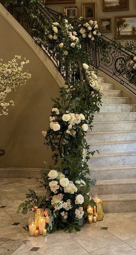 Flowers On Staircase Wedding, Flower Railing Wedding, Wedding Stairway Decor, Wedding Stairs Flowers, Stairs Floral Decor Wedding, Stairs Decor Wedding, Staircase Florals Wedding, Stairs Flower Decoration, Stairs Wedding Decoration