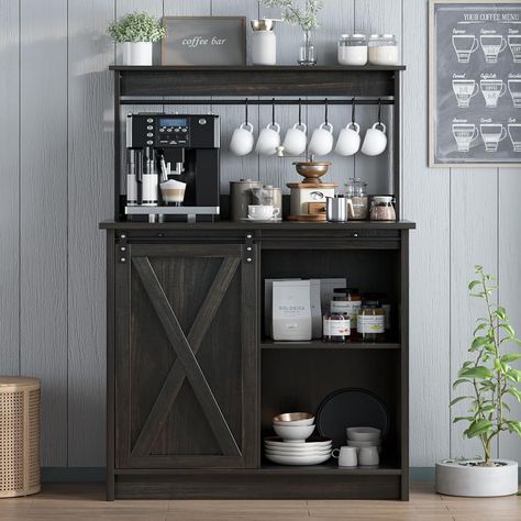 PRICES MAY VARY. FARMHOUSE STYLE: The Farmhouse Coffee Bar Cabinet is made up of dark oak wood grain and black metal shelves, a combination that gives this bar cabinet a strong farmhouse style. Unique sliding door design in addition to maximizing your living space, this Coffee bar with smart rustic gray finish also adds rustic style to your home. The stylish X pattern gives your room an innovative beauty. LARGE STORAGE SPACE:Spacious 2-tier table top of coffee bar hutch for living room perfectly Coffee Bar Ideas Dark Wood, Coffee Bar Shelf Ideas, Coffee Wine Bar Ideas, Small Coffee Bar Ideas, Coffee Bar Hutch, Dining Room Dark, Coffee Hutch, Bar Hutch, Black Metal Shelf