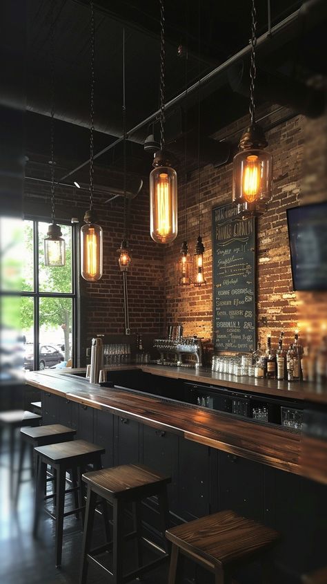 "Cozy Bar Interior: Warmly lit bar with fashionable #decor pendant lights casting a glow over the dark wooden #furniture. #bar #interior #cozy #lighting #pendant #aiart #aiphoto #stockcake ⬇️ Download and 📝 Prompt 👉 https://stockcake.com/i/cozy-bar-interior_239124_45893". Bar Room Lighting Ideas, Bars With Brick Walls, Bar Commercial Design, Hipster Bar Design, Small Pub Interior Bar Ideas, Classy Basement Bar, Pub Vibes Aesthetic, Music Bar Aesthetic, Speakeasy Basement Bar