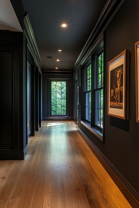 Discover the Magic of Black Trim in Your Interiors : 13 Ideas - DreamyHomeStyle Moody Trim Colors, Brown Walls Black Trim, Green Walls With Black Trim, Trim Same Color As Wall Paint, Black Doors And Trim Interior, Black Wall Trim, Light Walls With Dark Trim, Black Interior Doors With Black Trim, Dark Brown Trim Interior