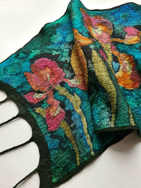 Felted scarf,Handpainted silk shawl, Silk and wool Scarf, Gift for her,Silk wool scarf,Gift for your mother Felt Scarf, Green Soap, Nuno Felt, Nuno Felt Scarf, Felt Gifts, Merino Wool Scarf, Felted Scarf, Art Scarves, Felted Scarves