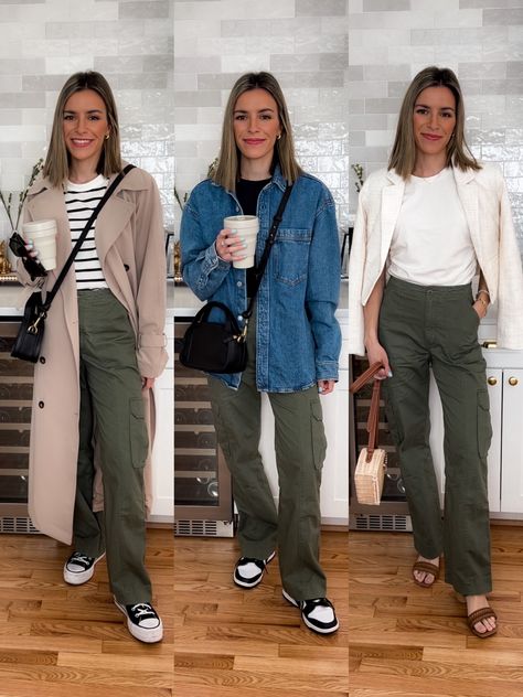 Spring outfut ideas, street style Outfit Ideas Green Cargo Pants, Olive Trouser Outfit Women, Olive Trousers Outfit, How To Style Green Cargo Pants, Jeans Verdes, Cargo Jeans Outfit Women, Olive Pants Outfit, Cargo Jeans Outfit, Olive Green Pants Outfit