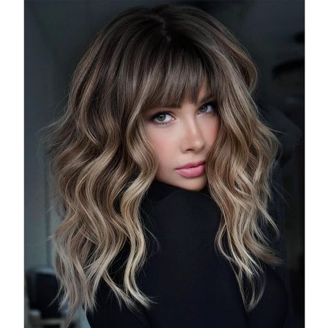 PRICES MAY VARY. 💞Premium Material: Short wavy bob end straight hair,short wig 100% High Quality Heat resistant fiber short wavy wig, natural wigs with bangs for women; as real hair, soft touch and Pretty Looking,no glue.Perfect for long term use. 💞Hairstyle: Short wavy bob wig with bangs,the thickness and length of the bangs are moderate,making the wig look more Realistic and Cute.You can freely trim and shape the bangs to your favorite style.Shoulder Length is Perfect. 💞Cap Structure: Mediu Brunette Hair, Blonde Highlights, Natural Wigs, Brown Highlights, Brown Blonde Hair, Brown Wig, Hair Color Trends, Wigs With Bangs, Balayage Hair