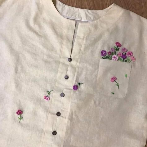 Pola Top, Sulaman Pita, Clothes Embroidery Diy, Simple Hand Embroidery Patterns, Hand Embroidery Dress, Embroidery On Kurtis, Diy Embroidery Designs, Hand Embroidery Videos, Diy Embroidery Patterns