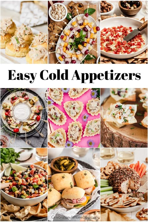 collage of cold party appetizers. Mess Free Appetizers, Finger Food You Can Prepare In Advance, Salad Hors D'oeuvres, Church Appetizers Finger Foods, Easy To Make Hors D’oeuvres, Auderves Appetizer Recipes, Easy Appetizers For A Party Make Ahead Cold Appetizer, Simple Cold Appetizers For A Party, Fun Hors D’oeuvres