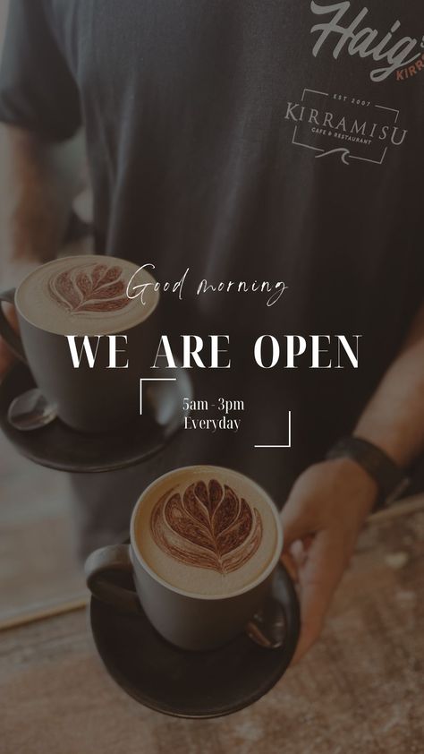 Open from 5am everyday #haigstcafe #cafe #coffee Coffee Bar Instagram Story, Opening Cafe Ideas, Coffee Shop Social Media Post Ideas, Coffe Post Design, Instagram Coffee Post Ideas, Cafe Opening Ideas, Instagram Story Ideas For Cafe, Coffee Shop Instagram Post, Coffee Shop Social Media Content