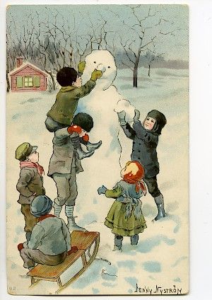 Jenny Nyström Build Snowman, 1920s Christmas, Images Noêl Vintages, European Christmas, Christmas Ephemera, Vintage Christmas Images, Winter's Tale, Children Playing, Vintage European