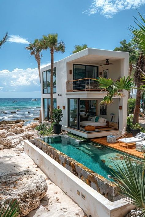 Tiny Beach Houses, Summer House Bedroom Ideas, Beach House Inspo Exterior, Tiny House Mansion, Mediterranean Tiny House, Small Modern Beach House, Tiny House Pool, Container House With Pool, Small House On The Beach