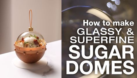 Recipe tutorial for the popular supferfine, glass-like, sugar dome made popular by Amaury Guichon. Sugar Glass How To Make, Sugar Dome, Cartier Christmas, Blown Sugar, Chocolate Dome, Buttercream Cake Designs, Sugar Glass, Glass Cake, Molecular Gastronomy