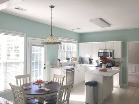 Kitchen paint color: Waterscape - Sherwin Williams Basement Color Schemes, Beach House Paint Colors, Basement Colors, Lake House Interior, Blue Green Paints, Farmhouse Paint Colors, Sherwin Williams Colors, Farmhouse Paint, Floor Remodel