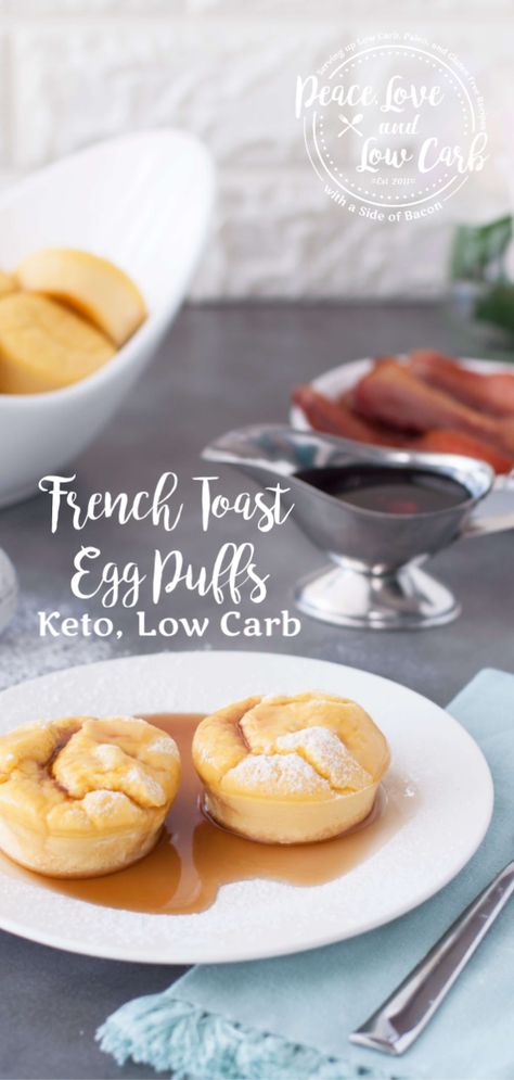 Keto French Toast Egg Puffs via @PeaceLoveLoCarb Keto French Toast, Toast Egg, Keto Diet Drinks, Eggs Toast, Egg Puff, Cream Cheese Pancakes, Desayuno Keto, Keto Diet Snacks, Breakfast Keto