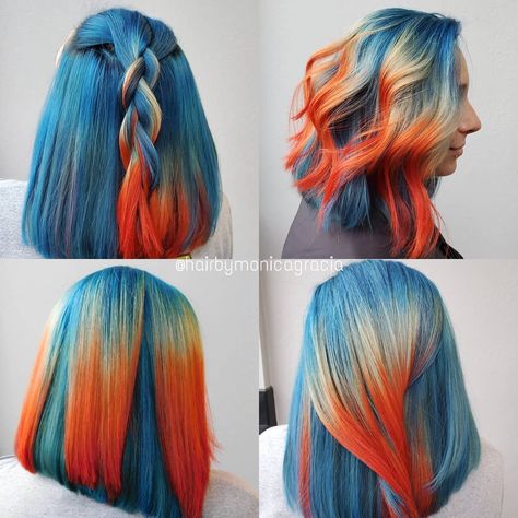 Ocean Colored Hair, Vibrant Hair Color Placement, Blue To Orange Hair, Blue Flame Hair Color, Blue And Yellow Hair Color, Fire And Ice Hair, Orange And Blue Hair Ideas, Gold Dyed Hair, Orange And Teal Hair