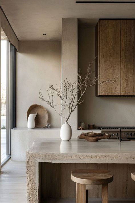 Corian Neutral Concrete, Beige Concrete Kitchen, French Minimalist Kitchen, Travertine Kitchen Countertops, Neutral Minimalist Kitchen, Neutral Tone Kitchen, Limewash Kitchen, Microcement Kitchen, Minimalist White Kitchen