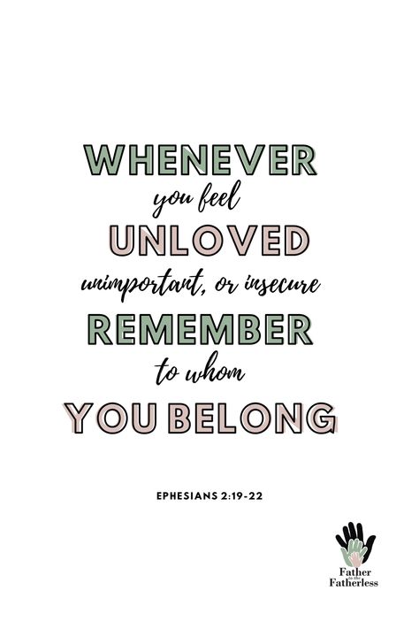 Some days I feel insecure... Some days I feel unloved... Sometimes days I feel unimportant...  Then, I remember that Jesus died just for me and that I’m a child of the most high God!  It’s knowing these truths, that change my negative thoughts and feelings into one of love and awe!  Which bible verses help you when you’re having negative thoughts and feelings?   “Whenever you feel unloved, unimportant, or insecure, remember to whom you belong.”⁠ ⁠ Ephesians 2:19-22⁠ I'm Unimportant Quotes, Bible Verses That Make You Feel Loved, Verse For Love Ones, Quotes Of Insecurities, Verses For Nonbelievers, I Feel Unimportant Quotes, Bible Quotes For Feeling Insecure, Just Me And God, When You Feel Unimportant Quotes