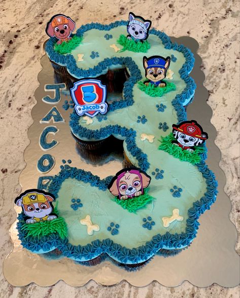 Paw Patrol Cupcakes 3rd Birthday, Number 3 Cupcake Cake Pull Apart Paw Patrol, Paw Patrol Birthday Desserts, 3 Year Birthday Cupcakes, 3 Paw Patrol Cake, Diy Paw Patrol Cupcakes, Number 3 Paw Patrol Cupcake Cake, Cupcake 3 Shape, Cupcake Cake Paw Patrol