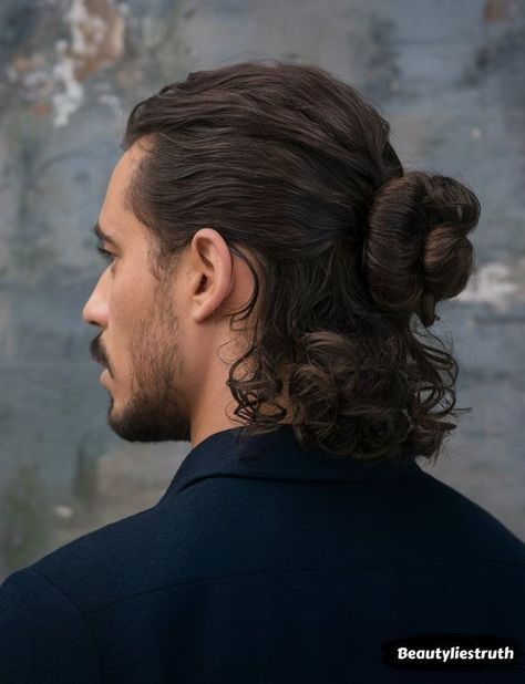 Viking Braids Men Long, Men’s Long Hair Wedding, Man Bun With Braids, Men With Bun, Long Curly Hair Styles Men, Guys With Man Buns, Man Bun Aesthetic, Mens Long Curly Hairstyles, Long Masculine Hairstyles