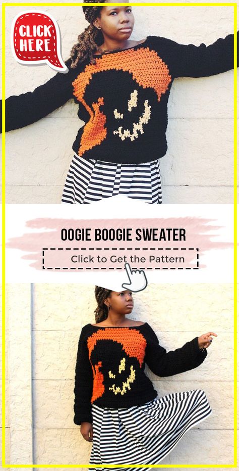 crochet Oogie Boogie Sweater easy pattern - Easy Crochet Sweater Pattern for Beginners. Click to Try the Pattern #Sweater #crochetpattern #crochet via @shareapattern.com Crochet Halloween Cardigan Pattern, Fall Sweaters Crochet Pattern, Halloween Crochet Wearable, Ophir Boogie Crochet Pattern, Crochet Disney Sweater, Christmas Crochet Sweater Pattern, Halloween Sweater Crochet Pattern, Crochet Halloween Sweater Pattern Free, Crochet Pumpkin Sweater