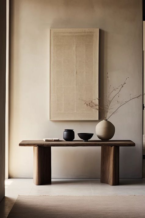 wabi sabi entry way with consol and neutral rug Console Table With Painting, Wabi Sabi Console Table, Wabi Sabi Entrance, Wabi Sabi Console, Wabi Sabi Entryway, Wabi Sabi Modern Interior, Japandi Entryway, Wabi Sabi Table, Wabi Sabi Apartment