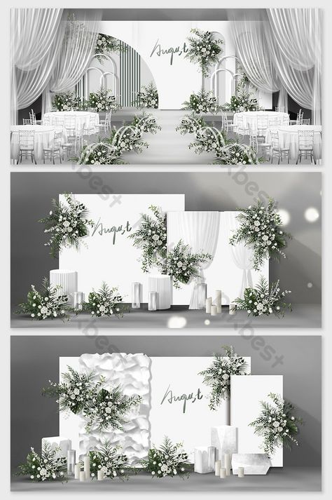 Design Wedding Decoration, Wedding Stage Minimalist, Custom Wedding Backdrop, Minimalist Stage Decor, Wedding Backdrop Design Minimalist, All White Wedding Backdrop, Minimalist Wedding Stage Decor, Korean Style Wedding Decoration, Wedding Decoration Minimalist