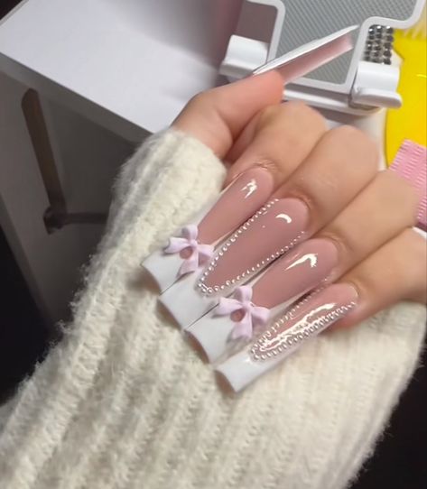 Nails With Bows, Latina Nails, Coquette Nails, Brown Acrylic Nails, Pink Ombre Nails, Claw Nails, Girly Acrylic Nails, Dope Nail Designs, French Acrylic Nails