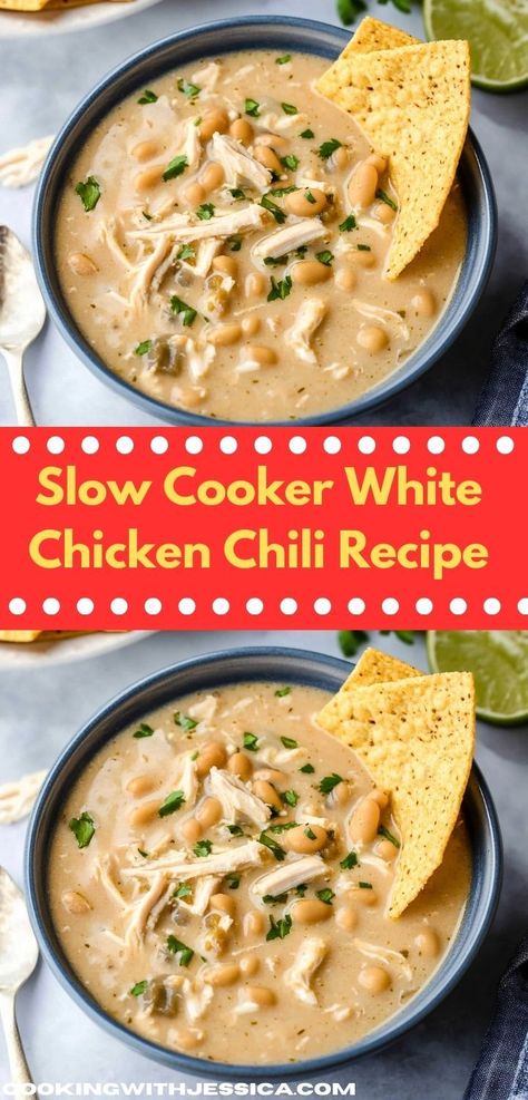 Discover an easy slow cooker meal with this Slow Cooker White Chicken Chili, ideal for busy weeknights. This delightful dinner recipe offers bold flavors and wholesome ingredients, ensuring your family enjoys a satisfying experience. White Chicken Chilli, Creamy White Chicken Chili Recipe, White Chicken Chili Recipe Crockpot, Creamy Chicken Chili, White Chicken Chili Slow Cooker, White Chicken Chili Recipe, Chicken Chili Crockpot, White Bean Chicken Chili, Slow Cooker Chicken Chili