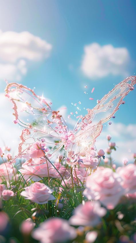 #PinkButterflySculpture #Glass #Crystal #Meadow #BlueSky #WhiteClouds #DreamyAtmosphere #YimLian Dreamy Graphic Design, Meadow Aesthetic, Pediatrics Office, Ethereal Butterfly, Butterfly Sculpture, Dreamy Sky, Golden Wallpaper, Inspirational Digital Art, Dreamy Atmosphere