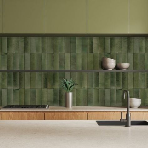 Green Brick Tiles Kitchen, Brick Tiles Kitchen, Tile Giant, Brick Wall Tile, Shaped Tiles, Brick Wall Tiles, Green Backsplash, Tile Counters, Green Porcelain