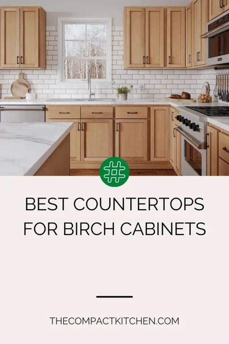 Birch Beauty: Choosing the Perfect Countertops for Your Cabinets - The Compact Kitchen Flooring With Birch Cabinets, Natural Color Cabinets Kitchen, Birch Kitchen Cabinets Natural, Light Birch Kitchen Cabinets, Birch Cabinets Kitchen Ideas, Light Countertops Wood Cabinets, Quartz Kitchen Countertops With Maple Cabinets, Maple Cabinets Backsplash, Birch Cabinets Kitchen