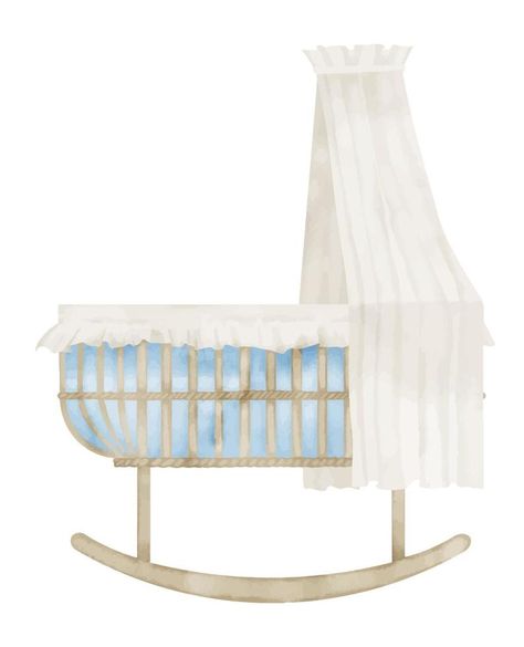 Baby Cradle. Hand drawn Watercolor illustration of Crib for Child. Drawing of bassinet for boy or girl in vintage retro style. Sketch on isolated background in pastel blue and beige colors