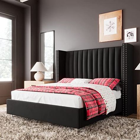 Tall Platform Bed, Platform Bed Designs, Queen Platform Bed Frame, Upholstered Sleigh Bed, Tufted Upholstered Bed, Bedroom Stuff, Room Vibes, Lit King Size, Black Headboard