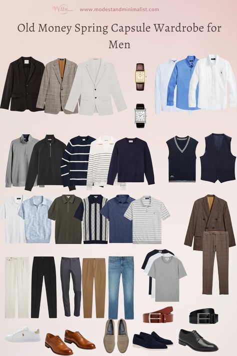 Old Money Spring Capsule Wardrobe for Men Easy Old Money Outfits Men, Stately Mens Outfits, Man Old Money Outfit, Casual Fall Mens Outfits, Guys Clothing Styles Old Money, How To Dress Old Money Men, Mens Old Money Capsule Wardrobe, Old Money Men Outfit Casual, Capsule Wardrobe 2024 Men