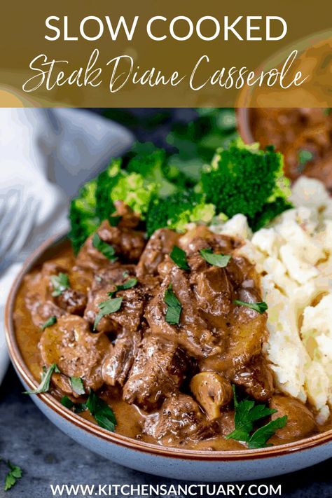 Slow Cooked Steak Diane Casserole - a great make-ahead meal, just thing if you're feeding a crowd! Cook in the oven, on the hob or in the slow cooker. #SlowCooker #Crockpot #SteakDiane #Casserole #SlowCooked #FamilyMeal Blade Steak Recipes, Slow Cooked Steak, Steak Diane Recipe, Casserole Slow Cooker, Steak Casserole, Steak Diane, Slow Cooker Steak, Slow Cooker Casserole, Tender Steak