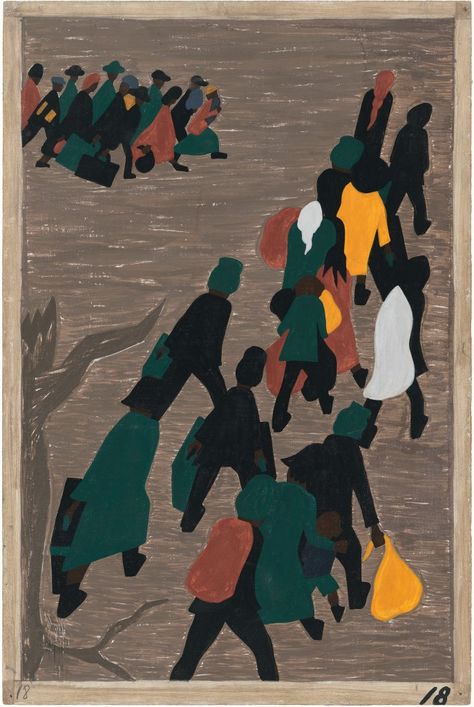 Jacob Lawrence, The migration gained in momentum. (1941) Jacob Lawrence, Harvard Yale, Seattle Art Museum, American University, The Great Migration, Seattle Art, Art Premier, African American Art, E Card