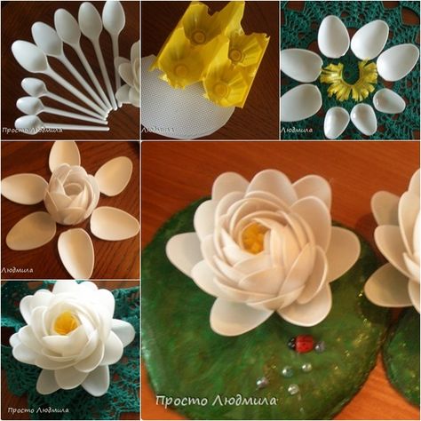 Making a waterlily out of plastic spoons can be really fun and exciting. Upcycle the spoons after a party so that you will have enough spoons without wasting. You can use yellow plastic cup for stamen instead of the egg holder in the photo. Materials: Spoons Scissors Glue gun Yellow … Plastic Spoon Mirror, Plastic Spoon Art, Plastik Recycling, Plastic Spoon Crafts, Spoon Craft, Diy Fleur, Plastic Bottle Flowers, Spoon Crafts, Spoon Art