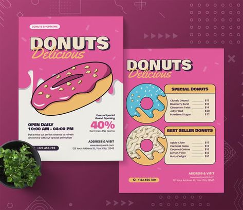 Donut Banner Design, Donut Menu Design, Poster Donat, Donut Branding, Instagram Feed Theme Layout, Menu Sans Gluten, Halloween Deserts, Make A Flyer, Doughnut Shop