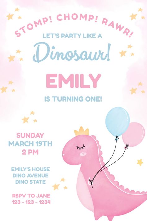 Dinosaur Birthday Invitation: Make Your Kid's Day Unforgettable! Princess Dinosaur Party Invitations, Dinosaur Invitations, Pink Dinosaur, Dinosaur Birthday Invitations, Dinosaur Design, Cute Dinosaur, Dinosaur Birthday, Cute Pink, Kid Names