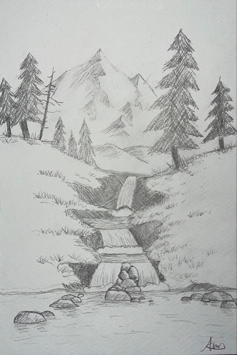 Cool Landscape Drawings, Beautiful Drawings Of Nature, Land Scape Drawing Reference, Waterfall Drawing Pencil, Mountain Waterfall Drawing, Mountain Sketch Landscapes, Landscape Sketch Pencil Nature, Drawings Landscaping, Waterfall Drawing Easy